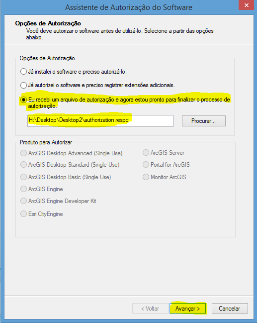 Autorização do ArcGIS Desktop Single Use Offline