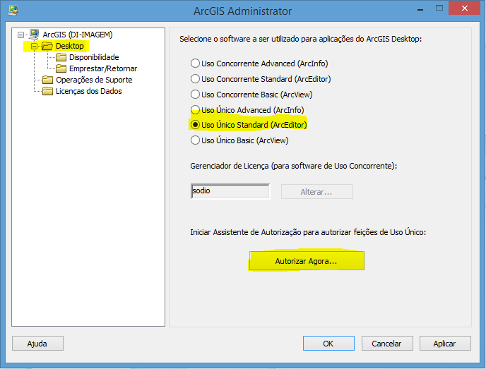 Autorização do ArcGIS Desktop Single Use Offline