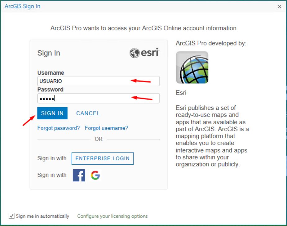 Autorização do ArcGIS PRO com usuário nomeado do ArcGIS Online ou Portal for ArcGIS